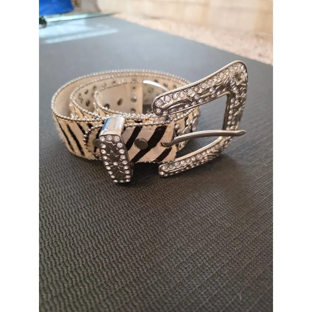 Atlas Western Calf Hair Zebra Print Pink Rhinestones Silver Studded Belt 34 XS